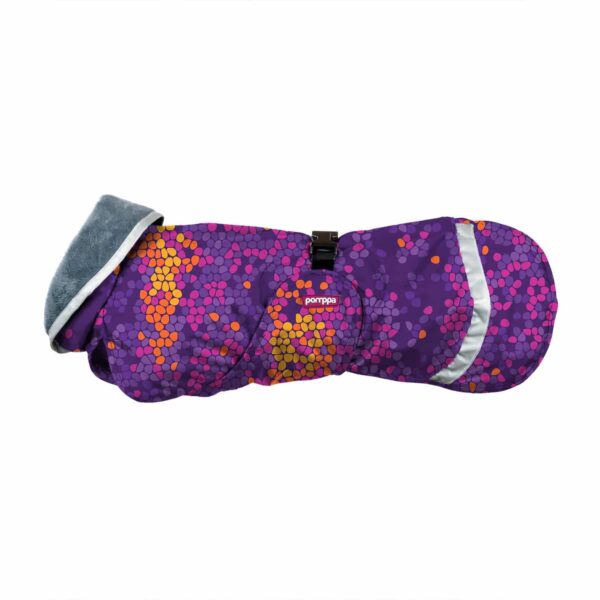 Multicolored lightweight midseason dog raincoat KevytPomppa in Cosmos pattern.