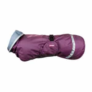 Plum color raincoat SadePomppa for dogs with harness opening