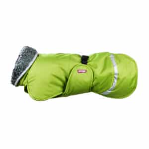 Lime green dog thermal winter coat ToppaPomppa with harness opening